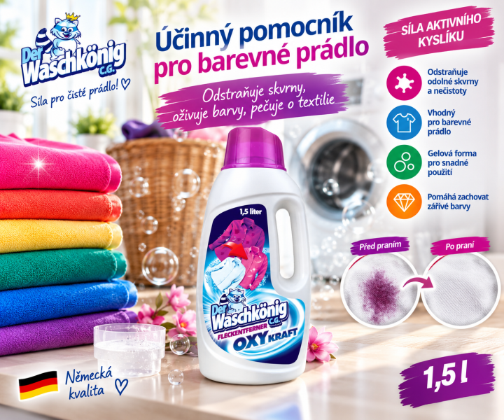 Waschkönig OXY Kraft Color Gel odstraňovač skvrn na barevné prádlo – 1,5 l